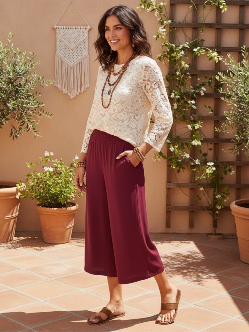 Forever 21 Pants M Palazzo Wide Leg Crop Burgundy Pull On Pockets Rayon Boho